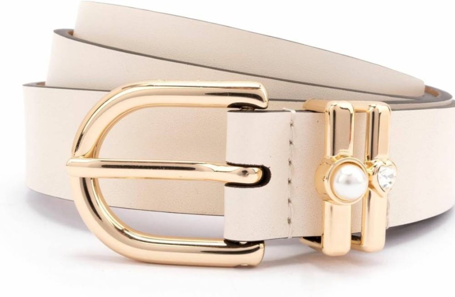 Kate Spade New York Women's Adjustable Leather Belt with Pearl & Heart Buckle, 1 Inch Width, Fashion Accessory