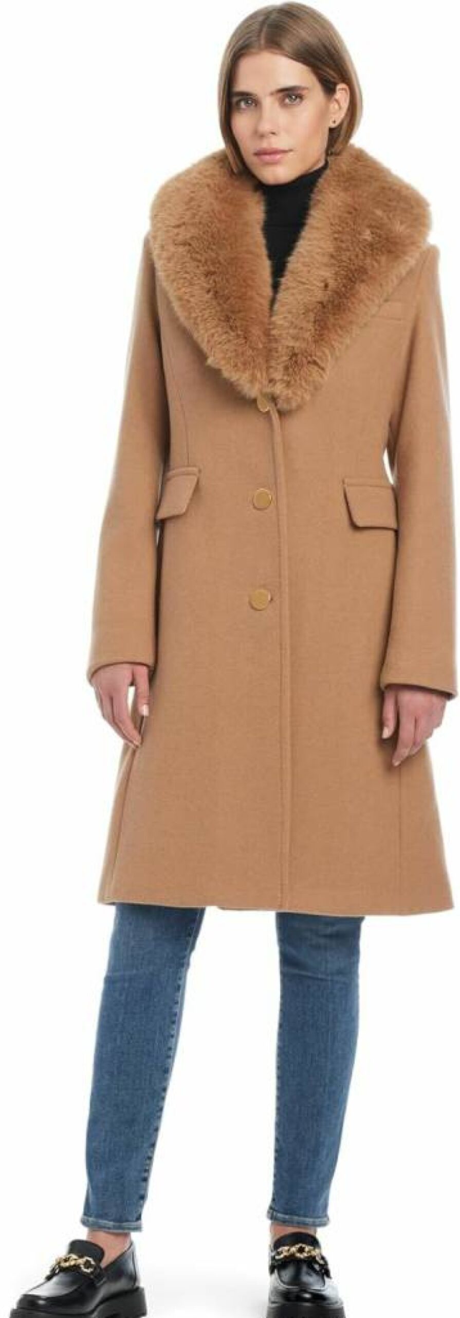 Kate Spade New York Women's Wool Blend Coat with Detachable Faux Fur Collar | Winter Warm Trench Coat