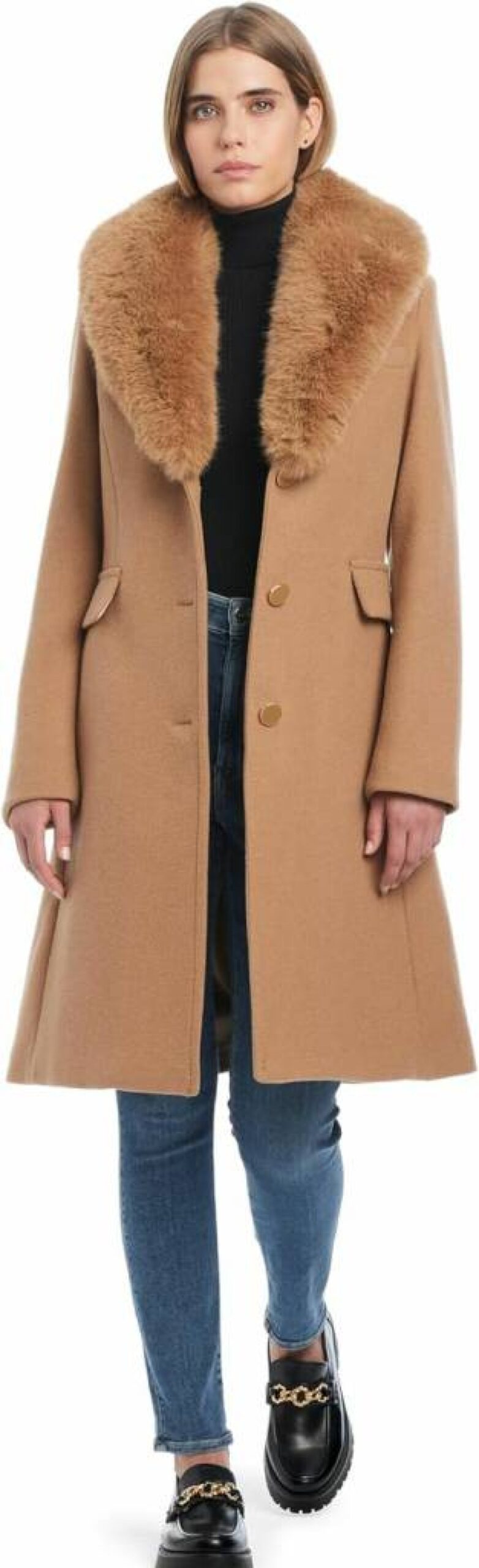 Kate Spade New York Women's Wool Blend Coat with Detachable Faux Fur Collar | Winter Warm Trench Coat