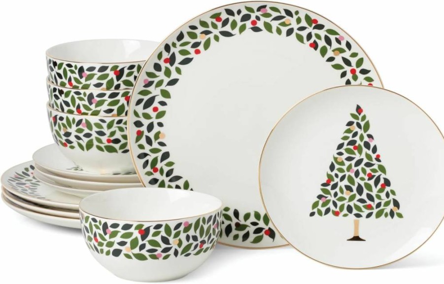 Kate Spade New York Evergreen 12-Piece Ivory Dinnerware Set for Holiday Hosting & Christmas Celebrations