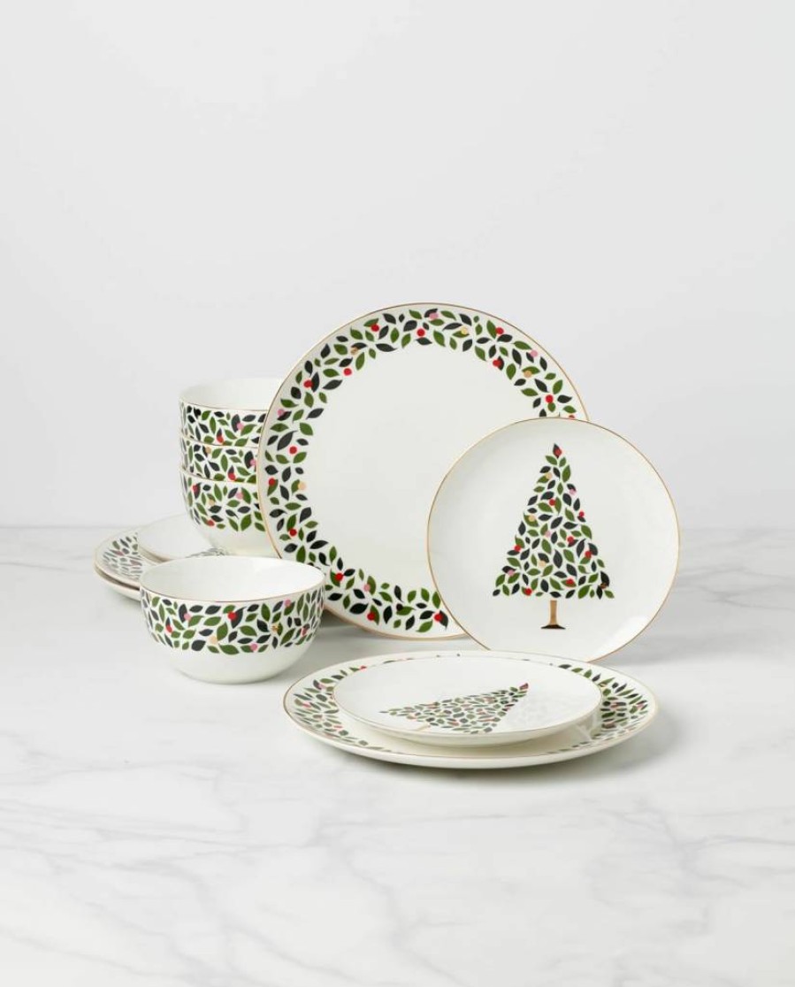 Kate Spade New York Evergreen 12-Piece Ivory Dinnerware Set for Holiday Hosting & Christmas Celebrations
