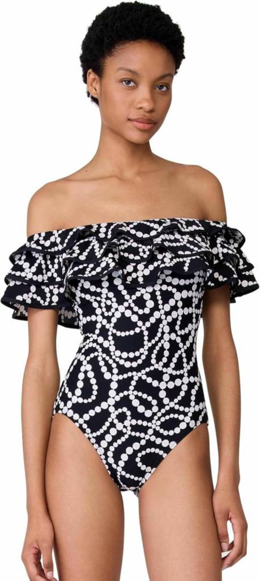 Kate Spade New York Women's Pearl Embellished Triple Ruffle Swimsuit One Piece
