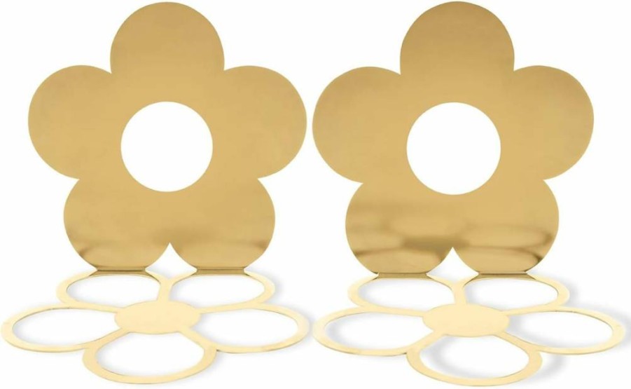 Kate Spade New York Gold Floral Bookends Set of 2 - 6 Inch Decorative Metal Book Stoppers for Shelves