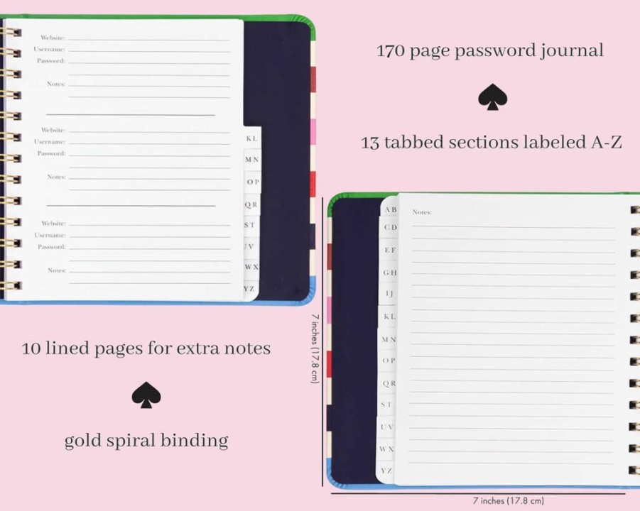Kate Spade New York Password Journal - 170 Page Spiral Notebook with Leatherette Hardcover, Adventure Stripe Design, Password Keeper Organizer