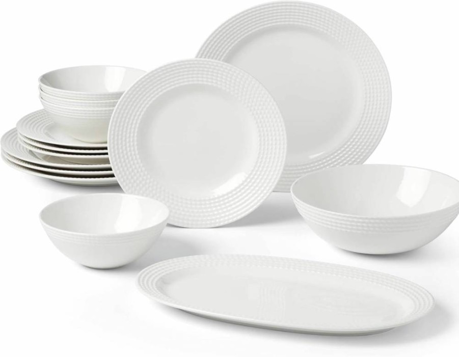 Kate Spade New York Wickford 14-Piece White Dinnerware Set, Porcelain Tableware Service for 4