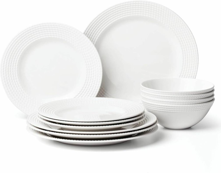 Kate Spade New York Wickford 14-Piece White Dinnerware Set, Porcelain Tableware Service for 4
