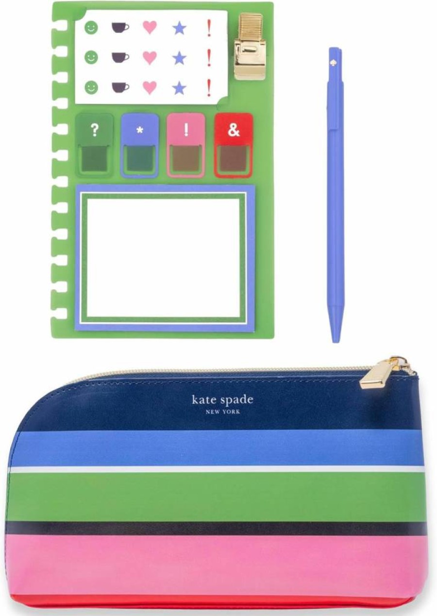 Kate Spade New York Sunny Day Stripe Vegan Leather Planner Accessories Set - Zipper Pouch, Stickers, Notepad, Pen & Holder, Sticker Tabs