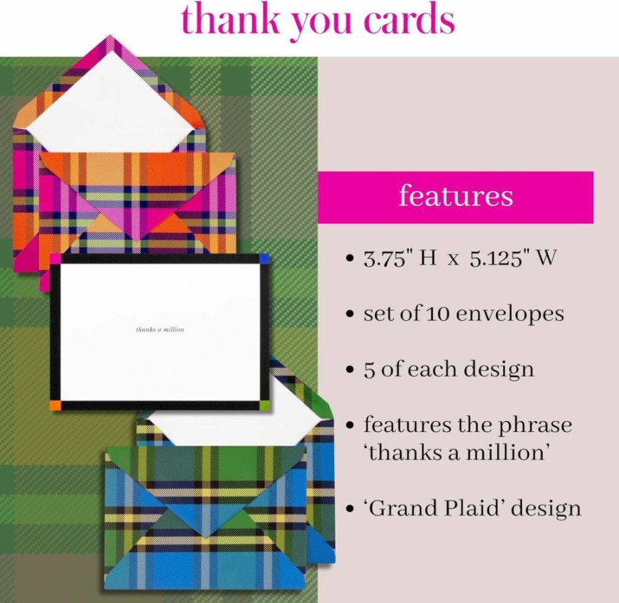 Kate Spade New York Grand Plaid Thank You Cards Stationery Set - 10 Cards & Envelopes for Holidays, Celebrations, Gifts