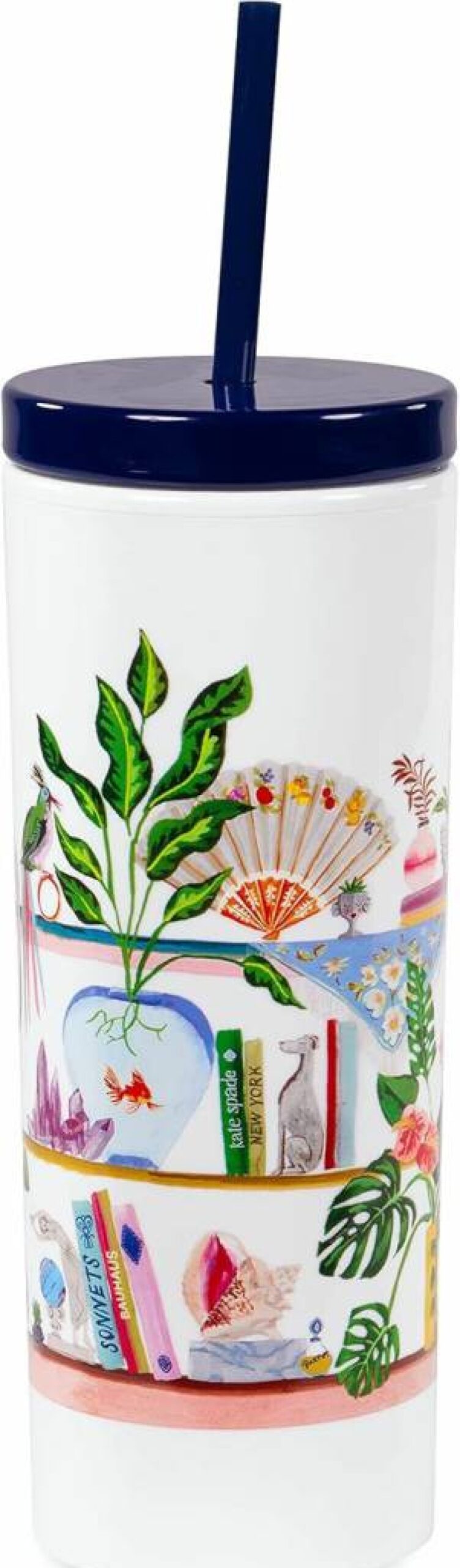 Kate Spade New York 20oz Acrylic Tumbler with Lid & Reusable Straw - Insulated Travel Cup, Bookshelf Design