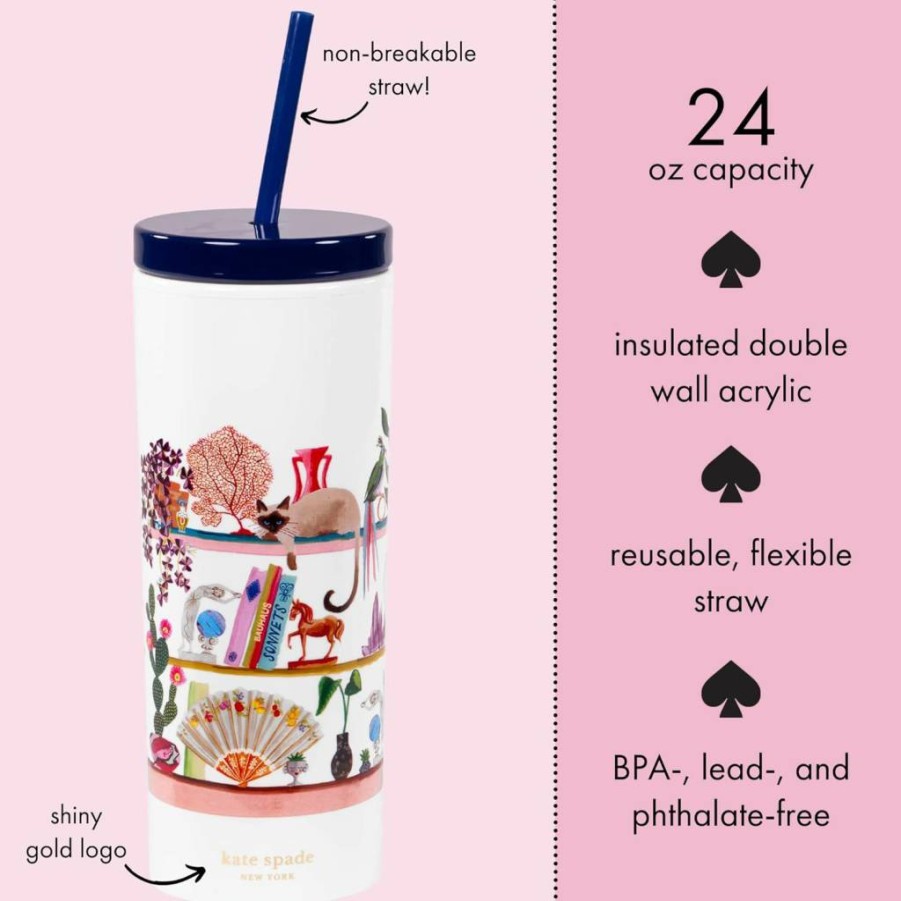 Kate Spade New York 20oz Acrylic Tumbler with Lid & Reusable Straw - Insulated Travel Cup, Bookshelf Design