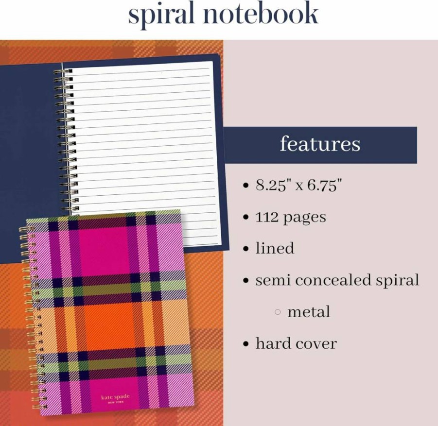 Kate Spade New York Grand Plaid Duo Mini Spiral Notebook - 8.25" x 6.75" Lined Journal with 112 Pages, Colorful Stylish Design