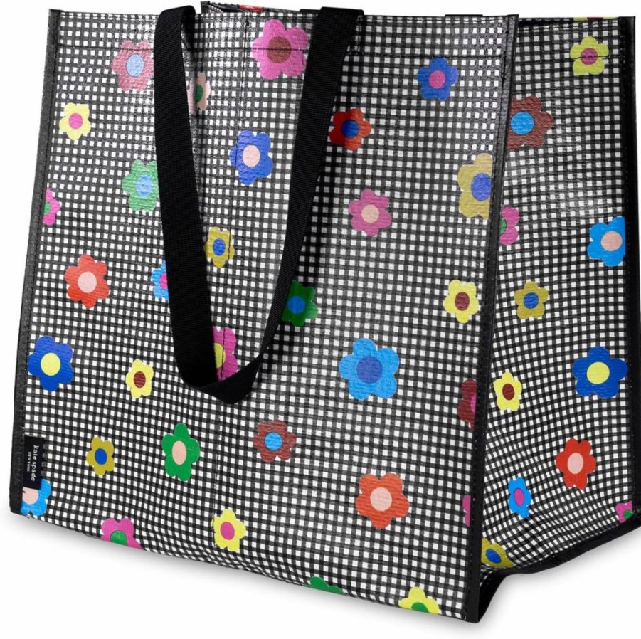 Kate Spade New York Gingham Garden Reusable Grocery Tote Bag - Large Collapsible Shopping Bag with Shoulder Straps