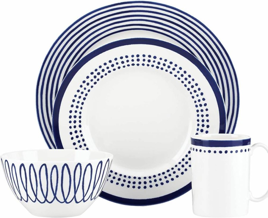 Kate Spade New York Blue Charlotte Street East 4-Piece Dinnerware Set, Plate Bowl Cup & Saucer
