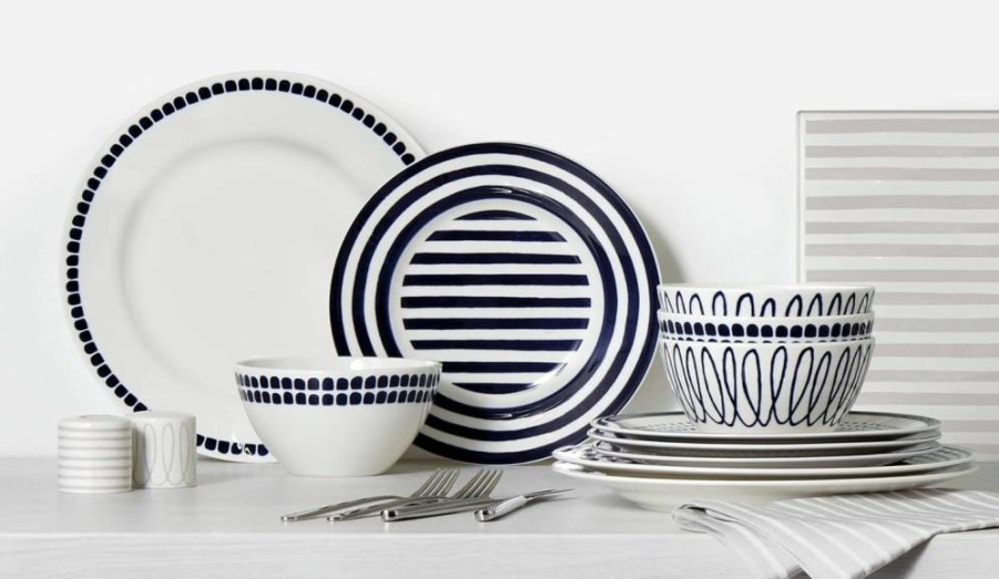 Kate Spade New York Blue Charlotte Street East 4-Piece Dinnerware Set, Plate Bowl Cup & Saucer