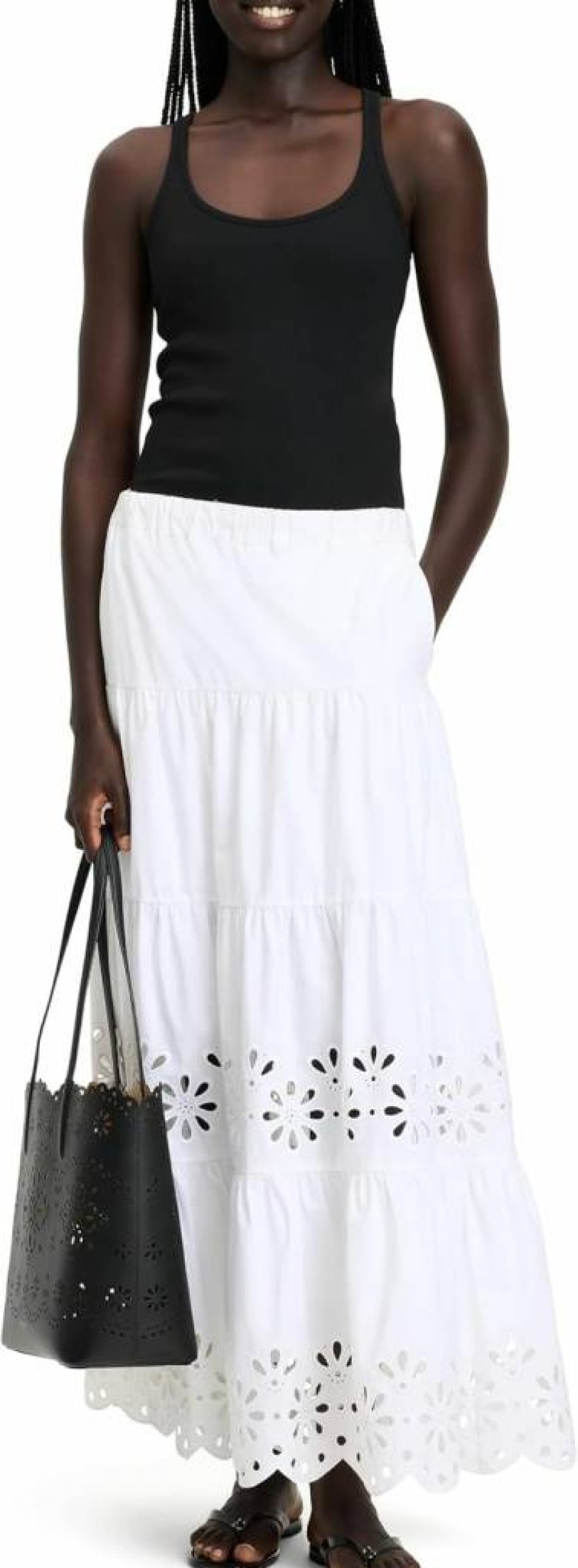 Kate Spade New York Women's Floral Daisy Eyelet Tiered Maxi Skirt - Summer Casual Boho Style