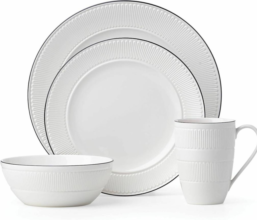 Kate Spade New York York Avenue 4-Piece Dinnerware Set in White - Porcelain Plates, Bowls, Cups & Saucers