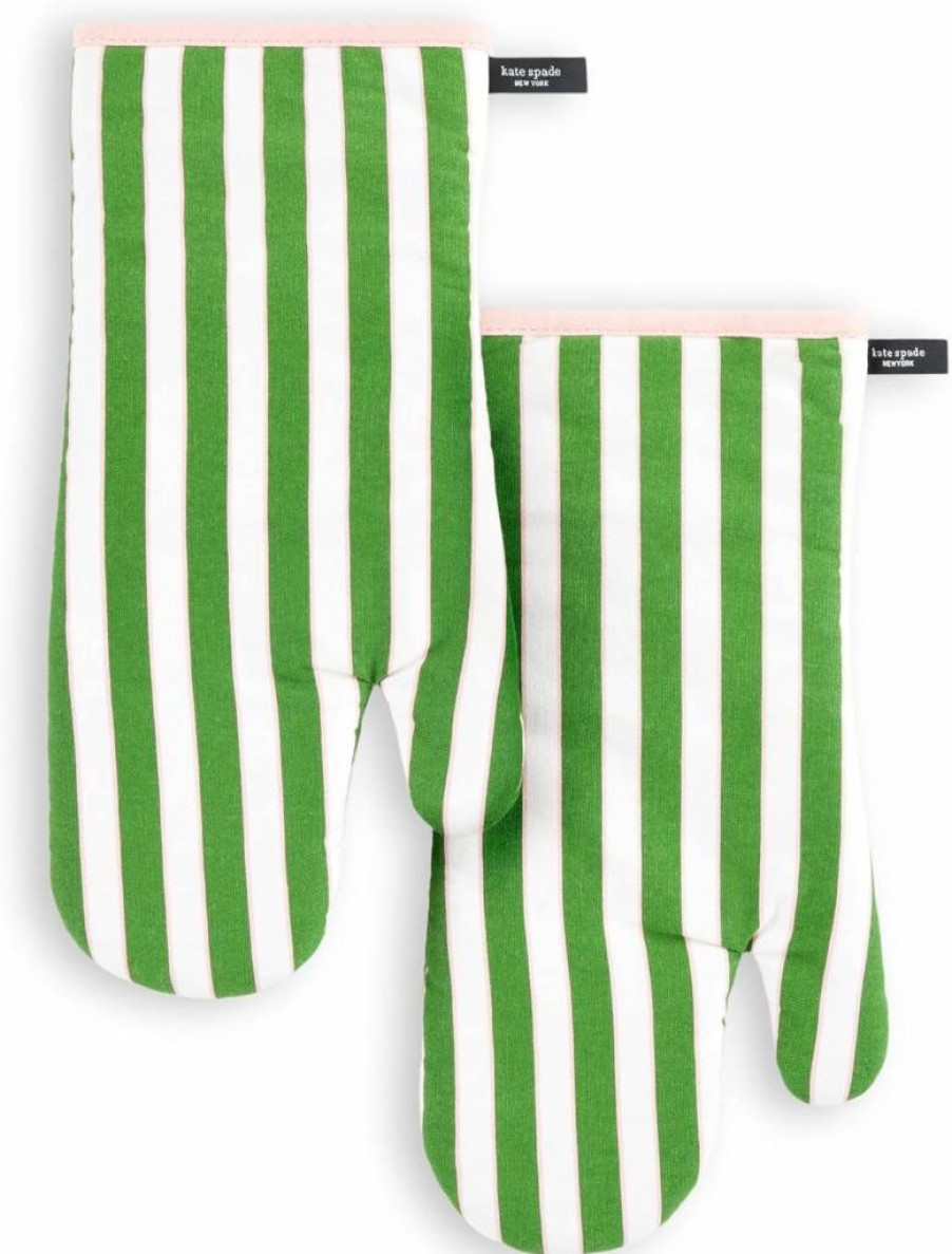 Kate Spade New York Green & Pink Floral Oven Mitts Set of 2, 7x13 Inch Heat Resistant Kitchen Gloves, Botanical Stripe Design