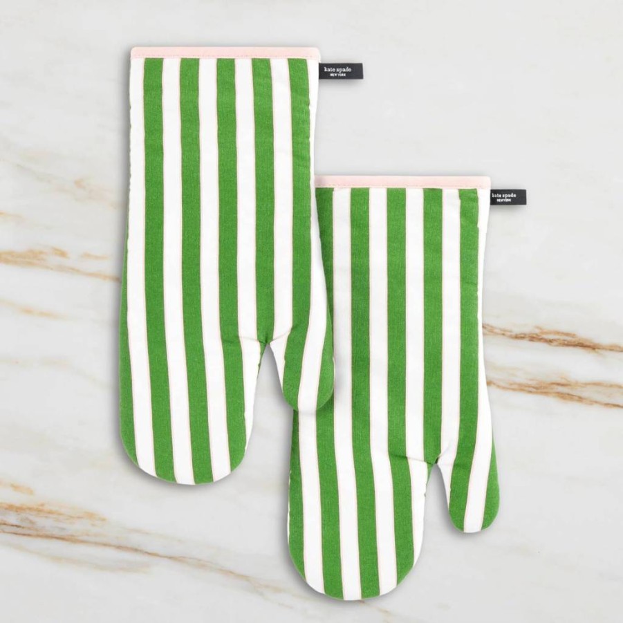 Kate Spade New York Green & Pink Floral Oven Mitts Set of 2, 7x13 Inch Heat Resistant Kitchen Gloves, Botanical Stripe Design