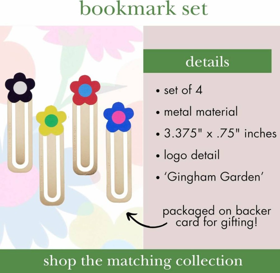 Kate Spade New York Floral Metal Bookmarks Set of 4 - Gingham Garden Book Lovers Gift, Cute Flower Page Markers