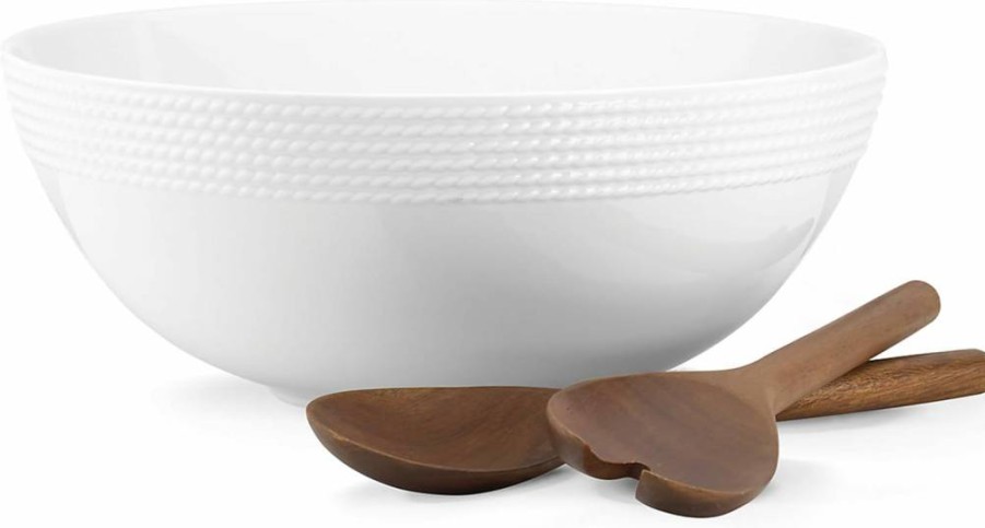 Kate Spade New York Wickford White Salad Bowl Set with Wooden Servers, 4.8 lb