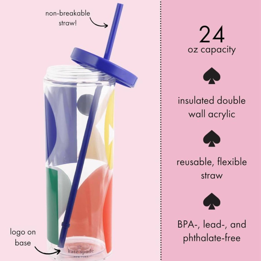 Kate Spade New York 24oz Acrylic Tumbler with Lid & Reusable Straw, Insulated Travel Cup for Hot & Cold Drinks, Spade Colorblock Design