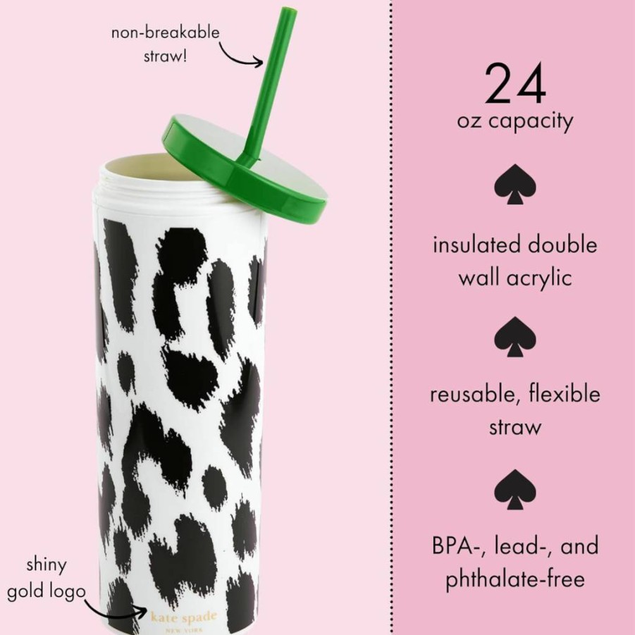 Kate Spade New York 24oz Leopard Print Insulated Travel Tumbler with Lid & Reusable Straw, Forest Feline Acrylic Cup