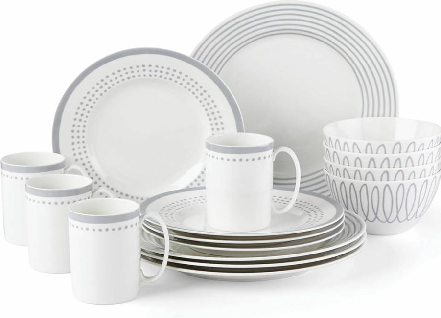 Kate Spade New York Charlotte Street 4-Piece Dinnerware Set, Taupe Grey Place Setting for 4, Stoneware Plates Bowls Mugs