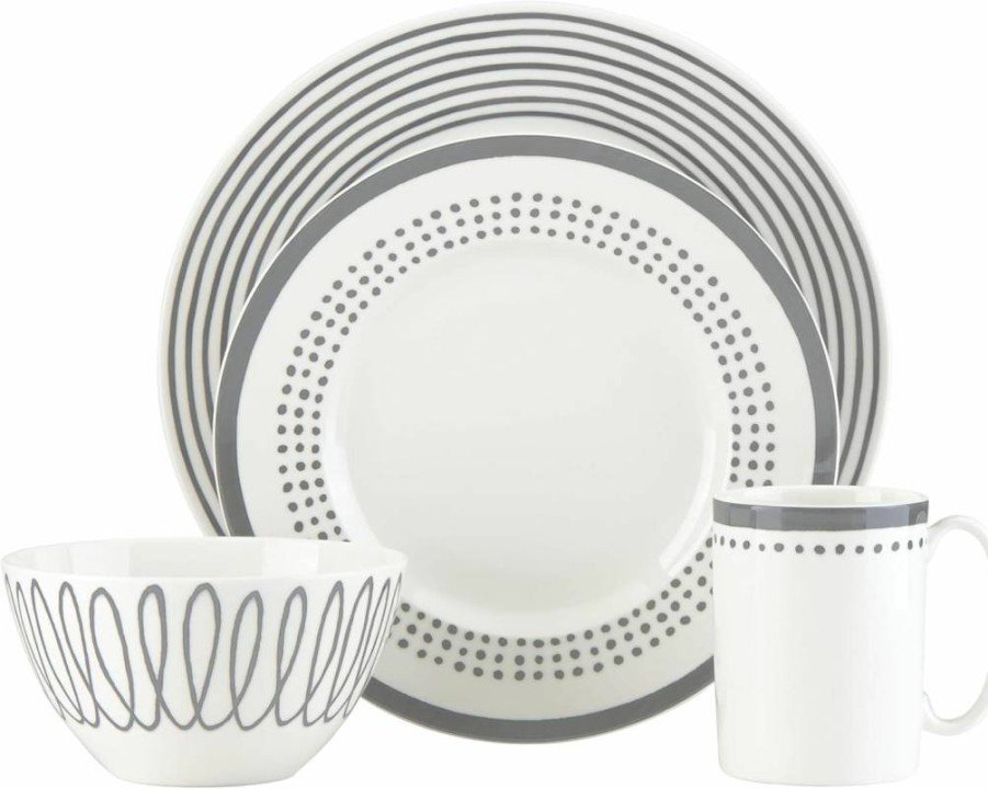 Kate Spade New York Charlotte Street 4-Piece Dinnerware Set, Taupe Grey Place Setting for 4, Stoneware Plates Bowls Mugs
