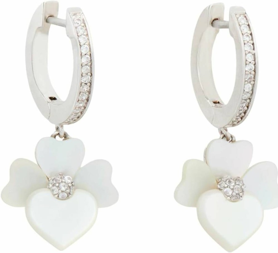 Kate Spade New York Precious Pansy Pave Drop Huggie Earrings in Cream & Silver, One Size