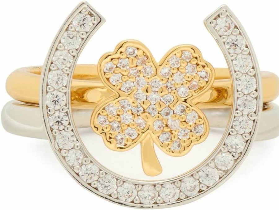 Kate Spade New York Lucky Charm Stacking Ring Set - Clear & Two Tone Gold/Silver Rings, Stackable Jewelry Gift for Women