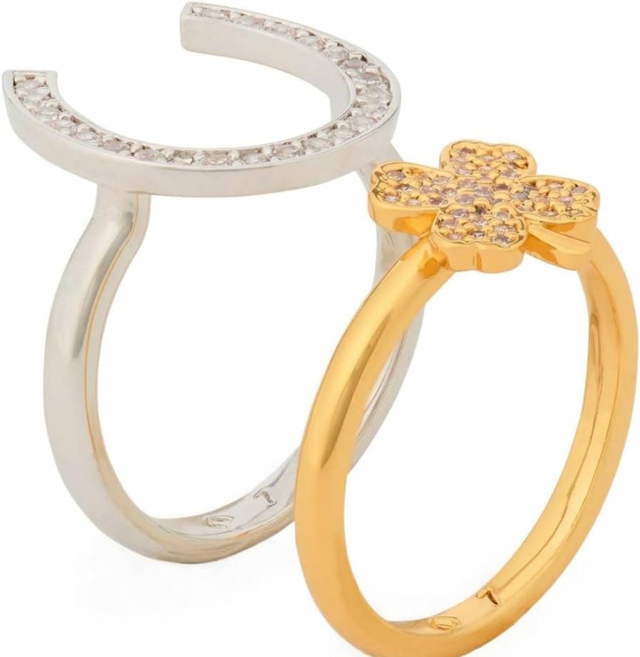 Kate Spade New York Lucky Charm Stacking Ring Set - Clear & Two Tone Gold/Silver Rings, Stackable Jewelry Gift for Women