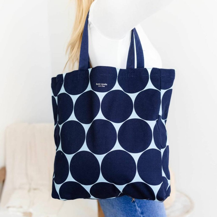 Kate Spade New York Joy Dot Blue Canvas Tote Bag for Women, Teacher Beach Book Bag with Pocket, Stylish Casual Shoulder Tote