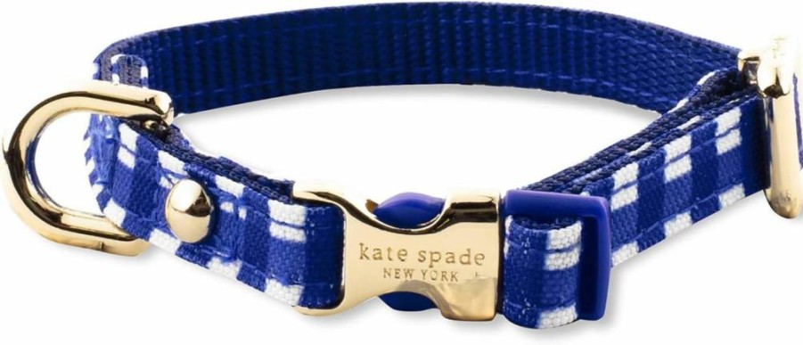 Kate Spade New York Adjustable Dog Collar for Small Dogs - Navy Gingham Pattern with Gold Buckle, 8-10.5 Inch Pet Collar for Male & Female Puppies