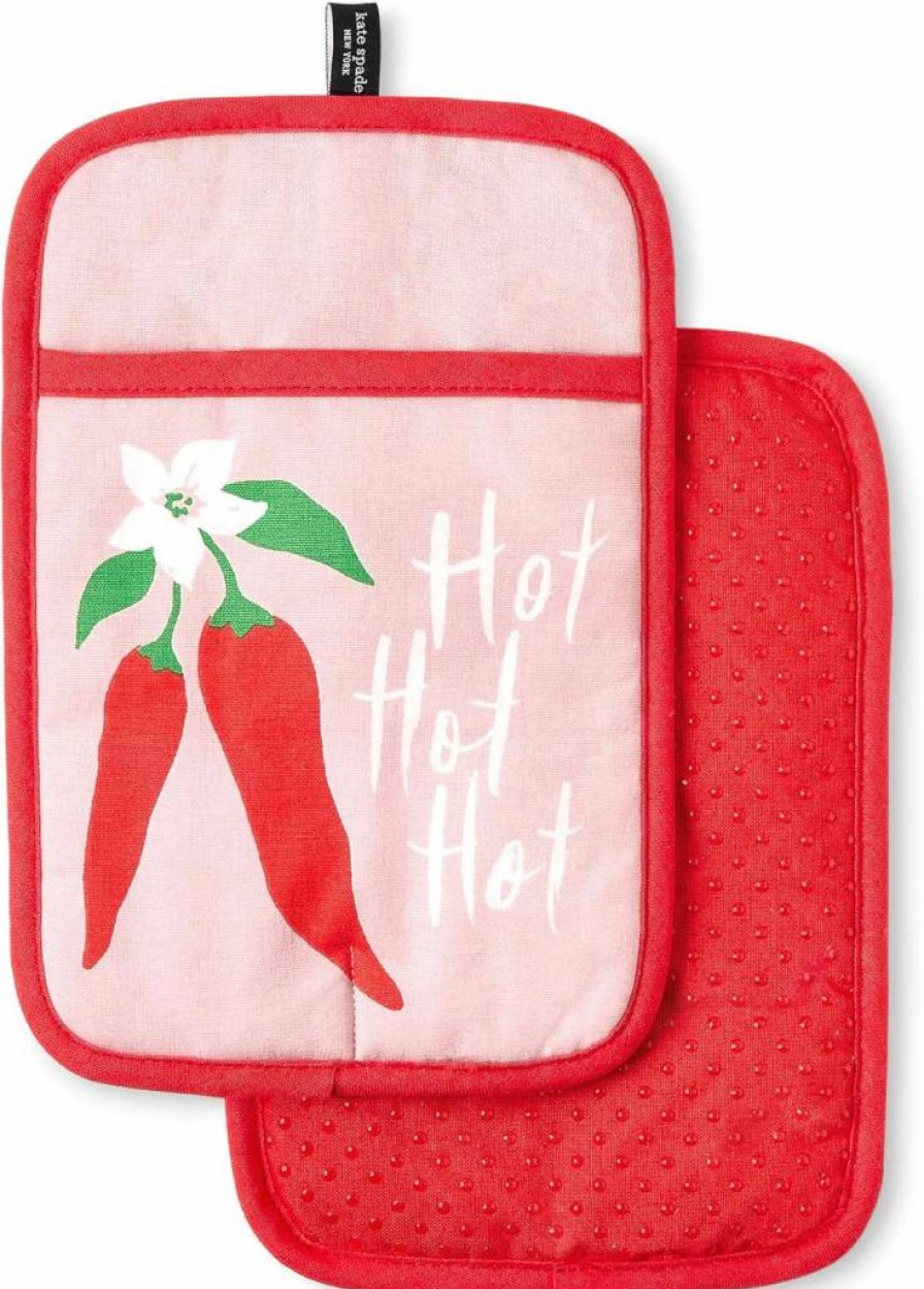 Kate Spade New York Squeeze The Day Spring Gingham 2-Pack Pot Holders, 8" Orange Cotton Heat Resistant Kitchen Mitts
