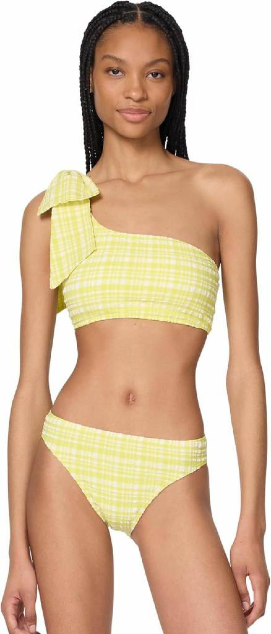 Kate Spade New York Women's One Shoulder Plaid Top with Bow Detail - Ocean Blue & White Striped Casual Blouse