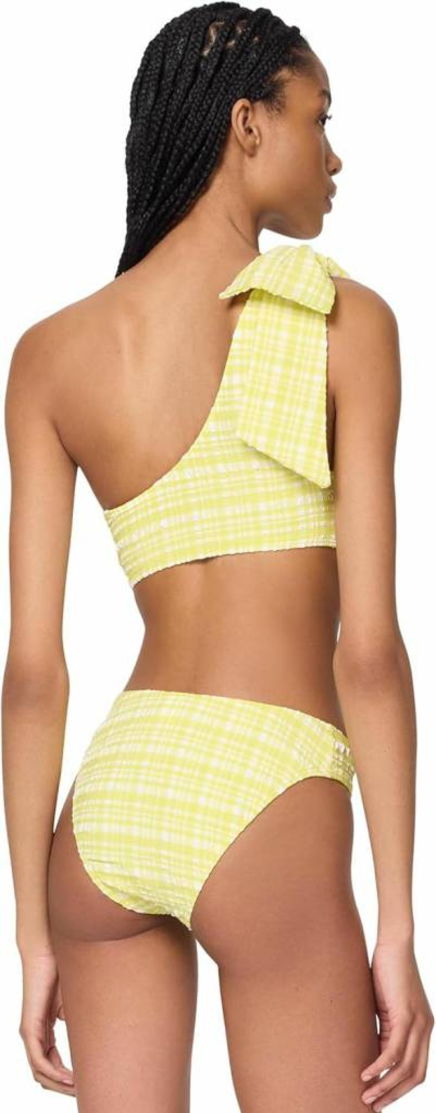 Kate Spade New York Women's One Shoulder Plaid Top with Bow Detail - Ocean Blue & White Striped Casual Blouse