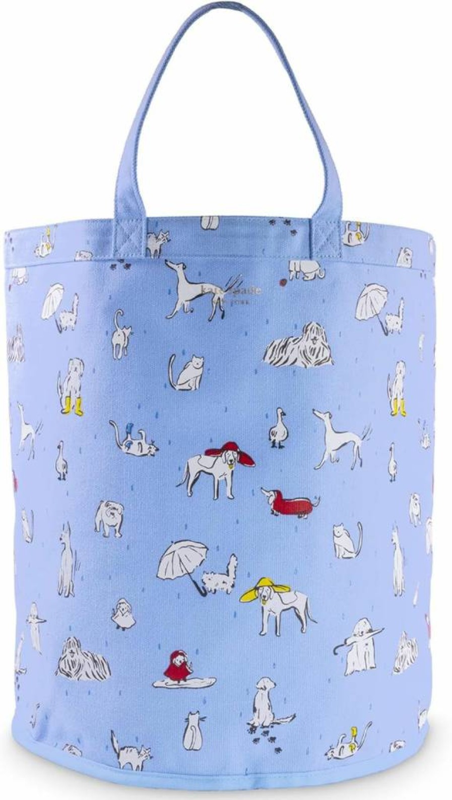 Kate Spade New York Raining Cats & Dogs Coated Canvas Storage Bin, 15.75 x 14 Inch Pet Toy Organizer with Handle, Easy Clean Open Top Dog Accessories Holder
