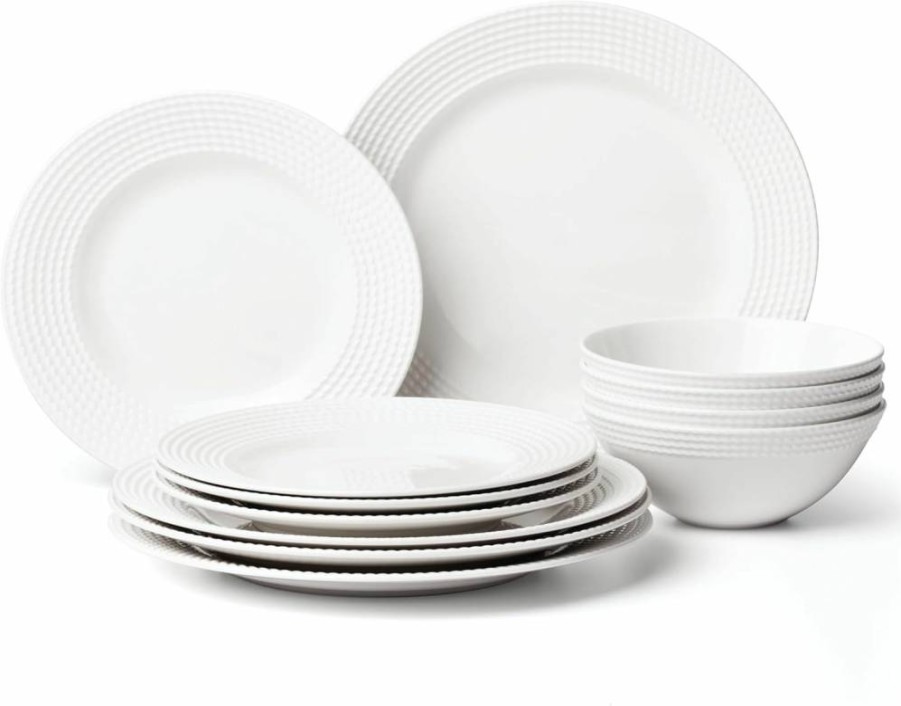 Kate Spade New York Wickford 16-Piece Dinnerware Set, White Porcelain, 15.75 Lb, Service for 4, Modern Tableware