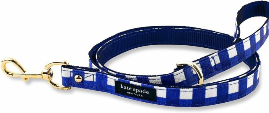 Kate Spade New York Navy Gingham Dog Leash - 4.5ft Heavy Duty Pet Lead with Gold Hardware for Small & Medium Breeds