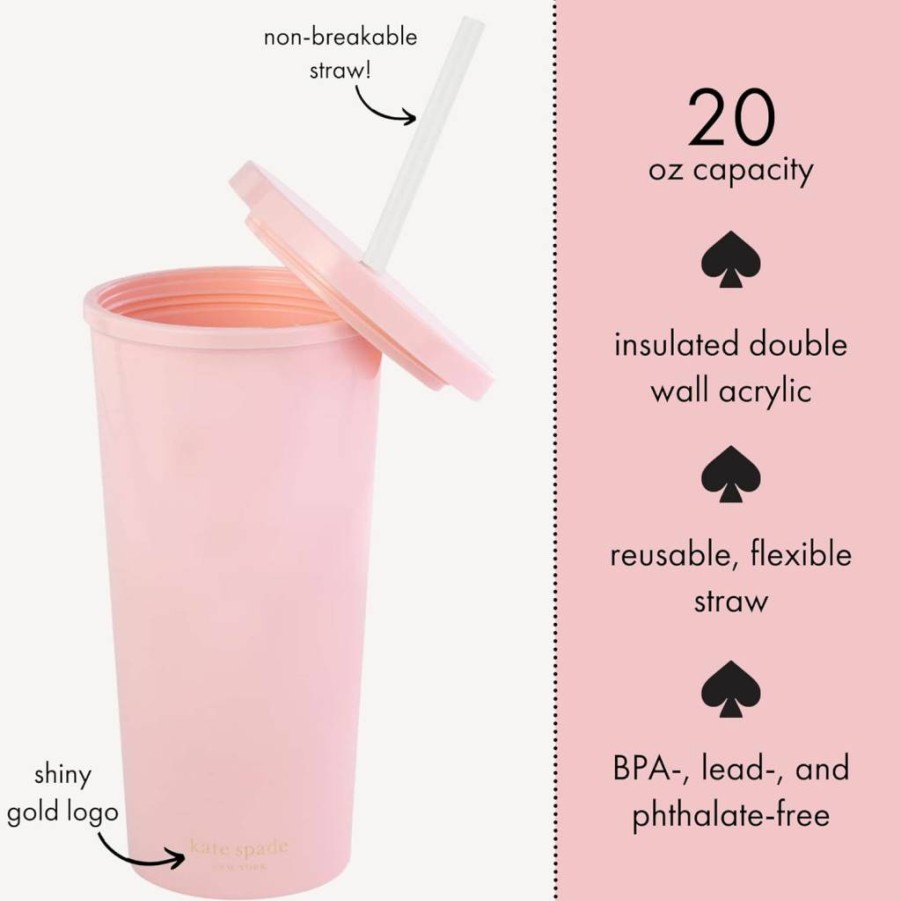 Kate Spade New York 20oz Acrylic Bridal Tumbler with Lid & Straw - Slim Double Wall Insulated Cup for Bride to Be, Miss to Mrs Gift in Blush Pink
