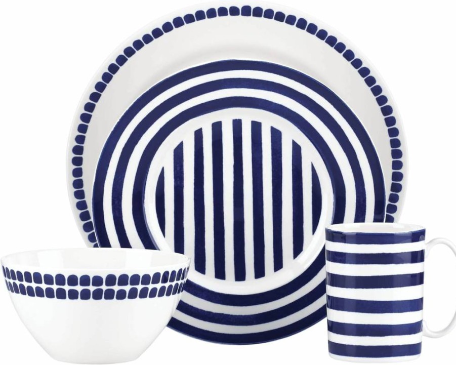 Kate Spade New York Charlotte Street 16-Piece Dinnerware Set in Blue - Porcelain Plates, Bowls & Mugs for 4 Settings