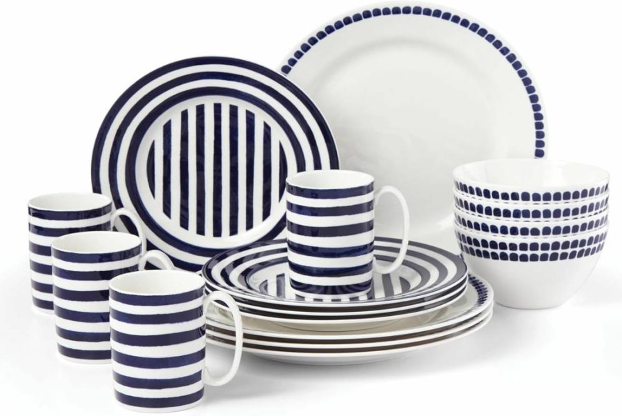 Kate Spade New York Charlotte Street 16-Piece Dinnerware Set in Blue - Porcelain Plates, Bowls & Mugs for 4 Settings