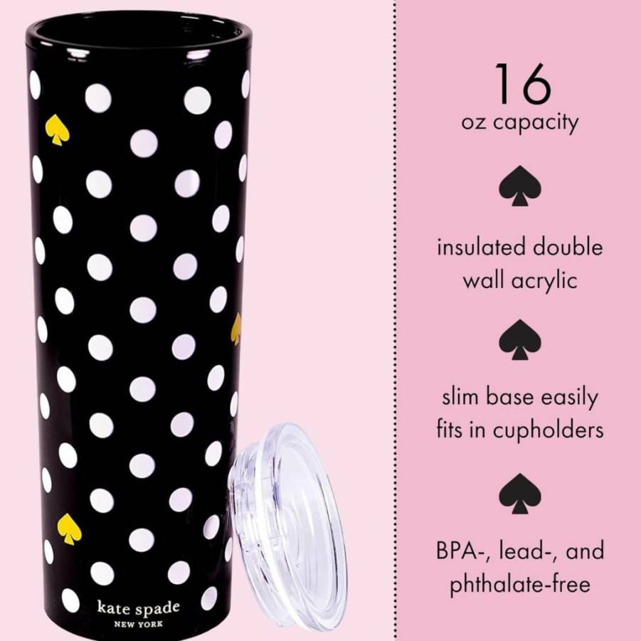Kate Spade New York 16oz Insulated Travel Mug - Black Polka Dot Double Wall Thermal Tumbler for Coffee & Tea, Leak-Proof Lid