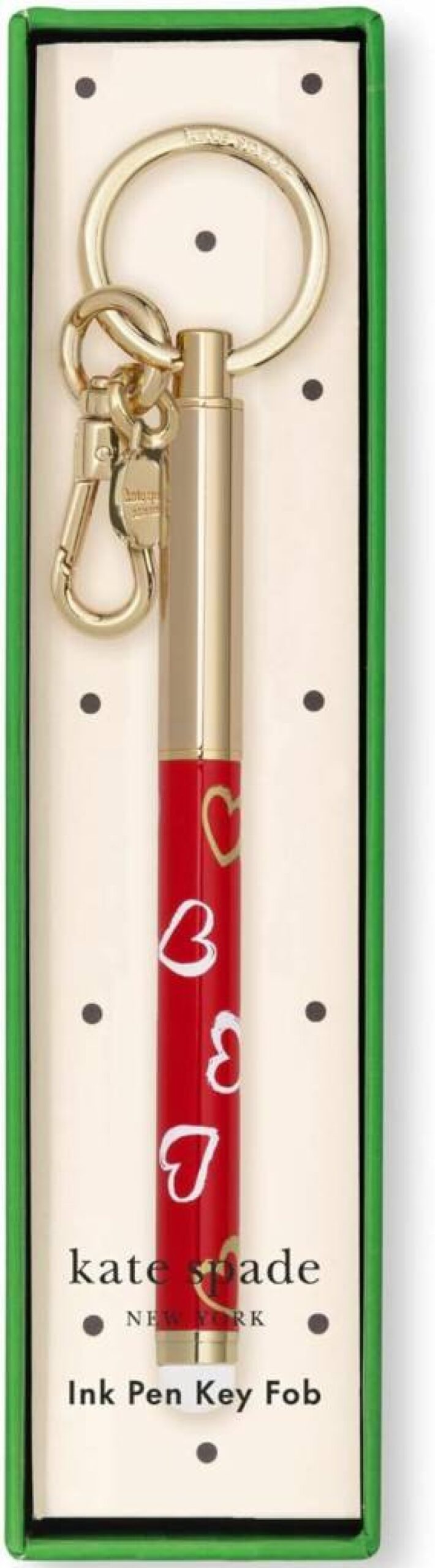Kate Spade New York Brushstroke Hearts Keychain Pen - Black Ink Ballpoint Metal Key Fob for Women