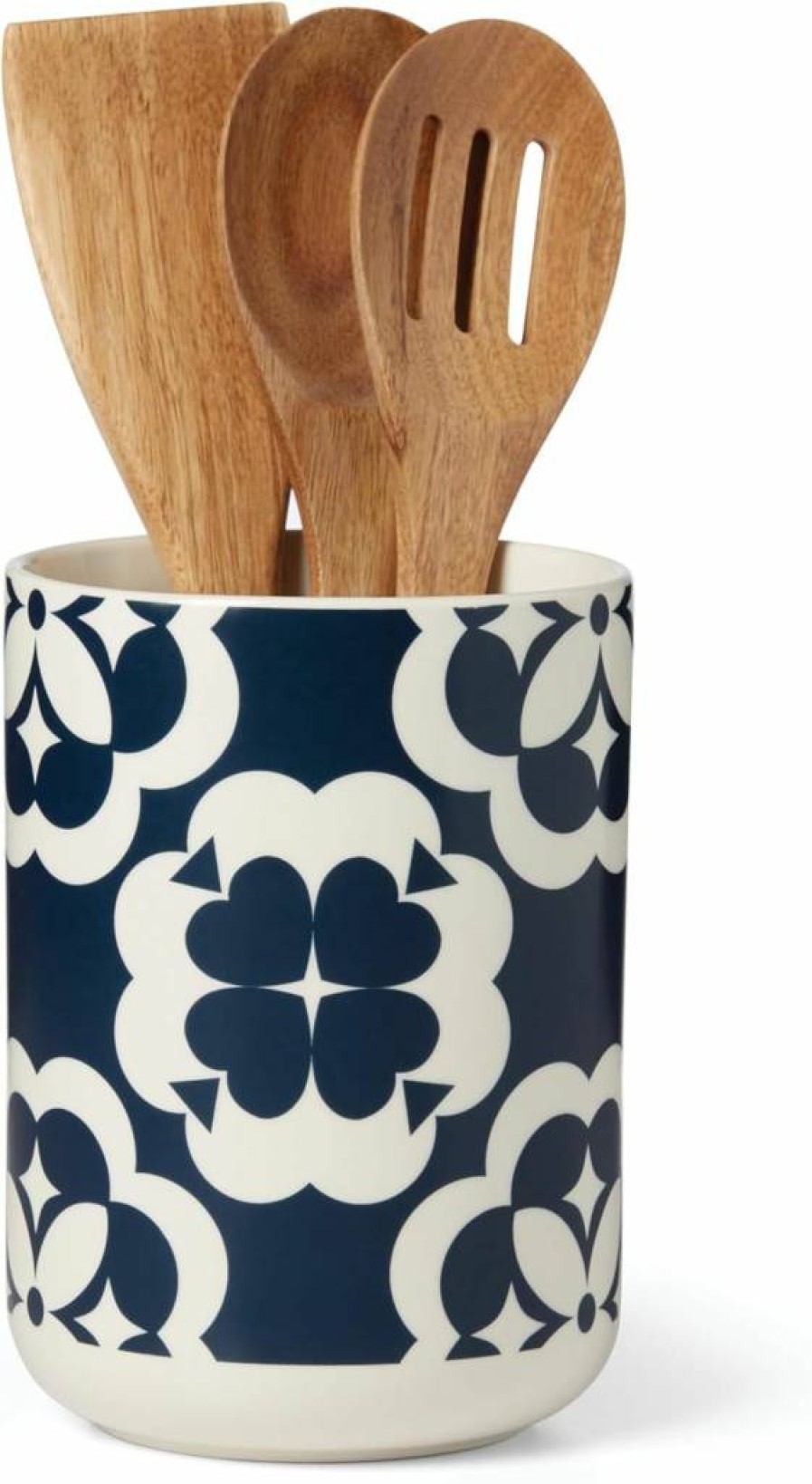 Kate Spade New York Blue Geo Pattern Crock Set with Wooden Utensils, Kitchen Storage Jar