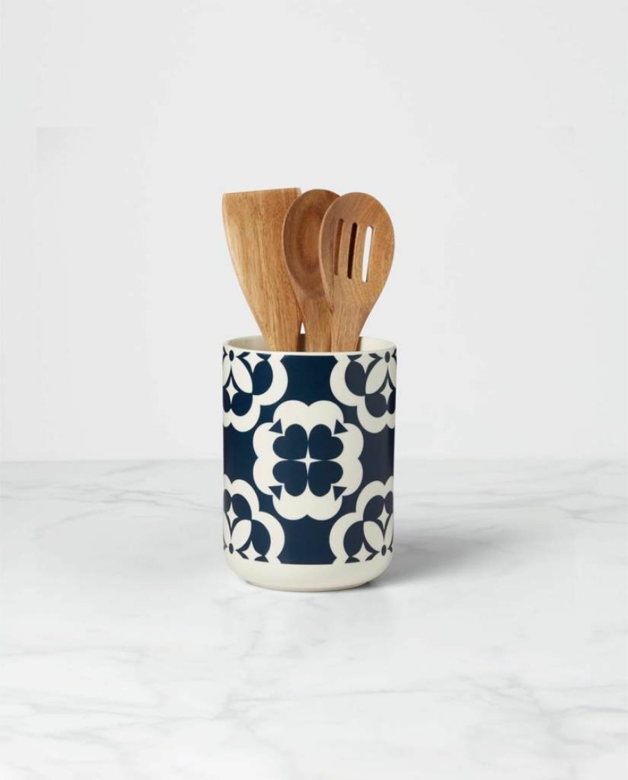 Kate Spade New York Blue Geo Pattern Crock Set with Wooden Utensils, Kitchen Storage Jar