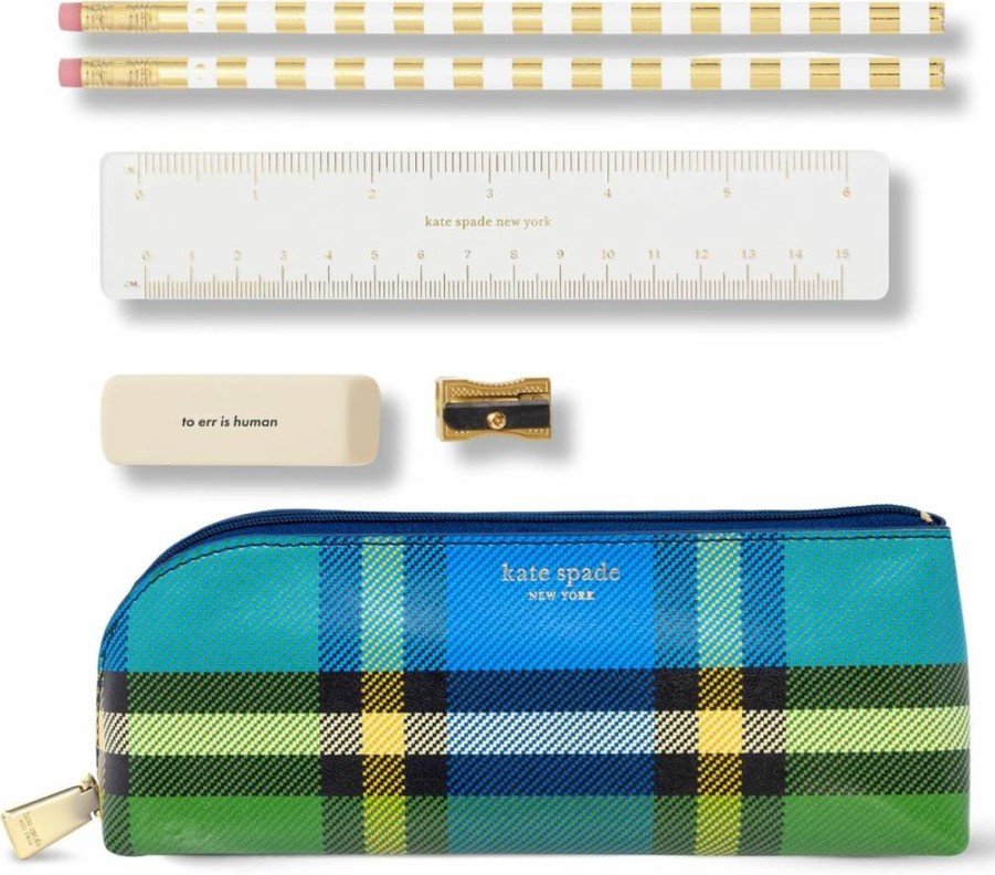 Kate Spade New York Grand Plaid Duo Zip Pouch - Pen & Pencil Case with Office Supplies (2 Pencils, Sharpener, Eraser, Ruler)