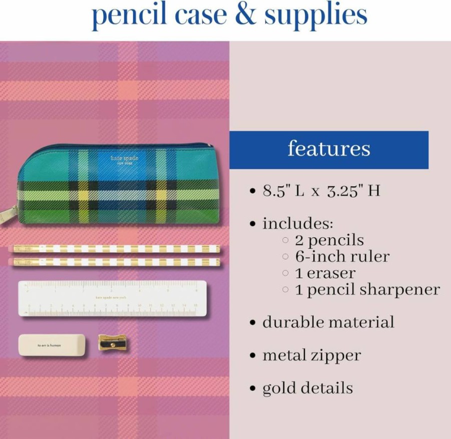 Kate Spade New York Grand Plaid Duo Zip Pouch - Pen & Pencil Case with Office Supplies (2 Pencils, Sharpener, Eraser, Ruler)