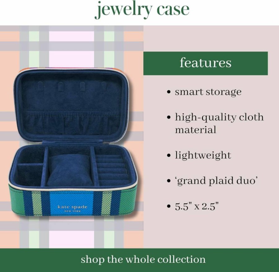 Kate Spade New York Grand Plaid Duo Small Jewelry Travel Case - Organizer for Rings, Necklaces, Earrings & Accessories
