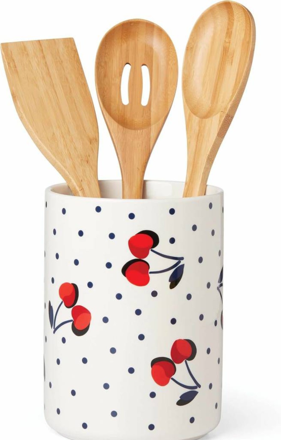 Kate Spade New York Vintage Cherry Dot 4-Piece Utensil Set - White Ceramic Countertop Organizer for Kitchen Decor